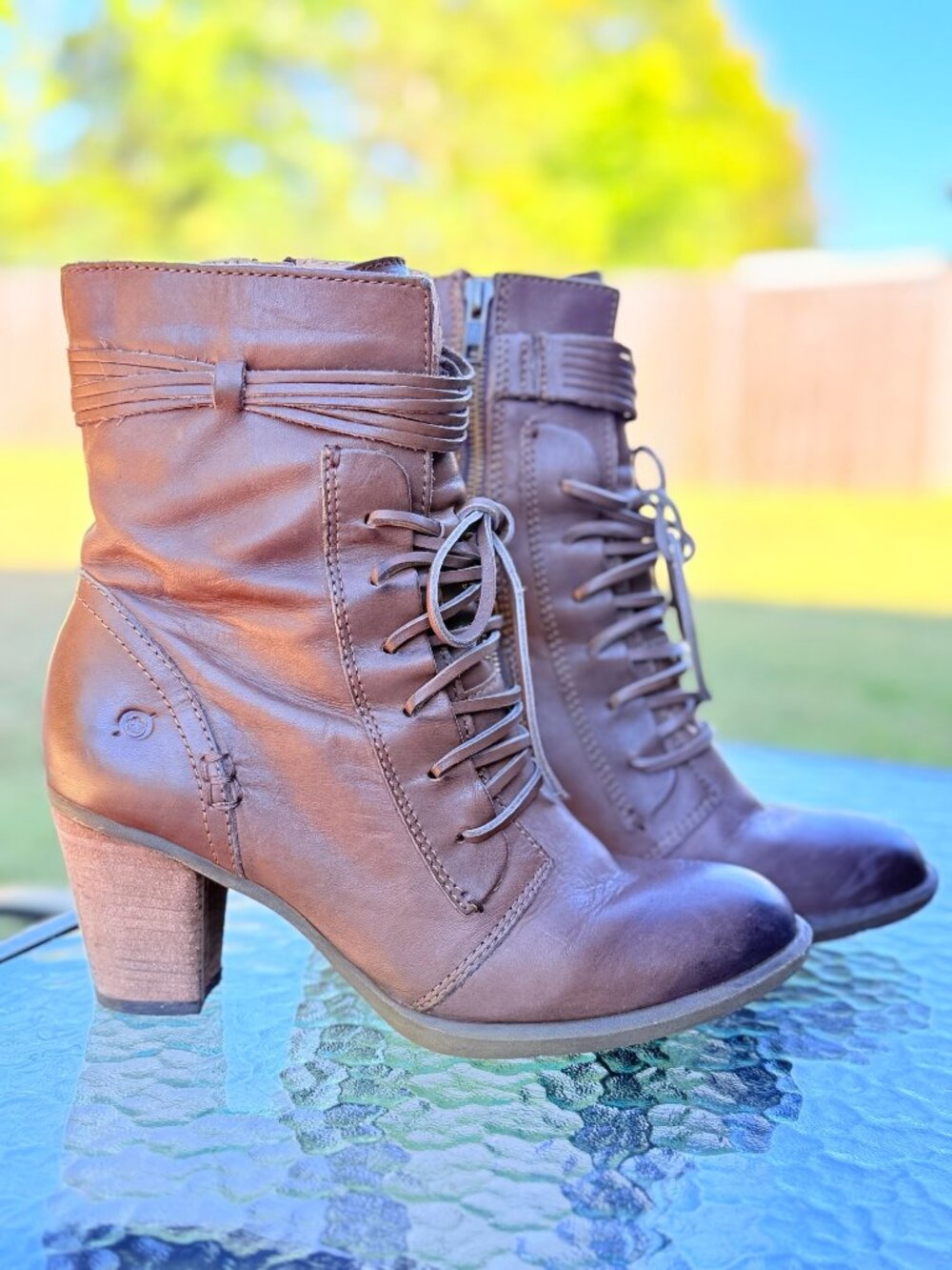 Born Womens 10 Brown Leather Lace Up Heel Boots Boho Western Moto Y2K 4350